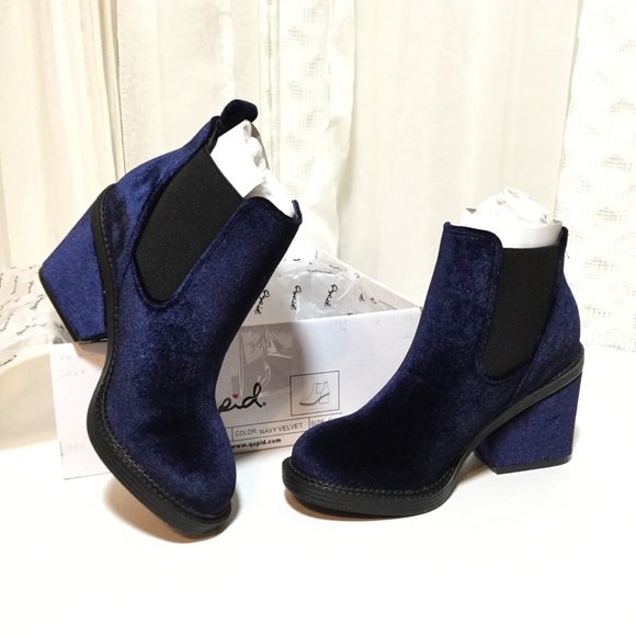 Qupid Shoes - Qupid Blue velvet chunky booties